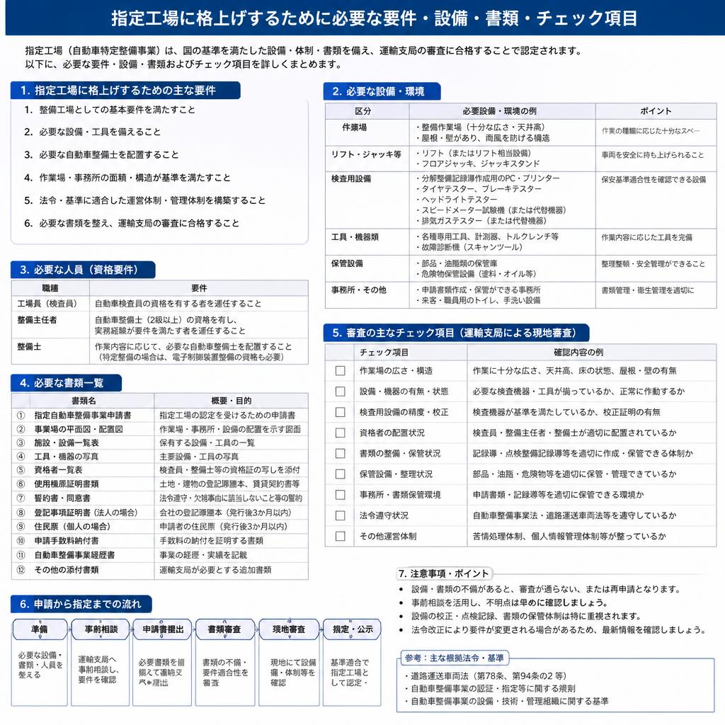 民間車検場を指定工場に格上げするための要件